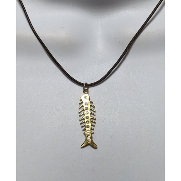 Glam Goth Fishbone Gold Sterling Pendant Necklace - Picture 6 of 10